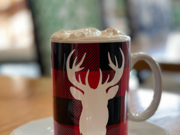 cute holiday hotel breakfast with moose mug